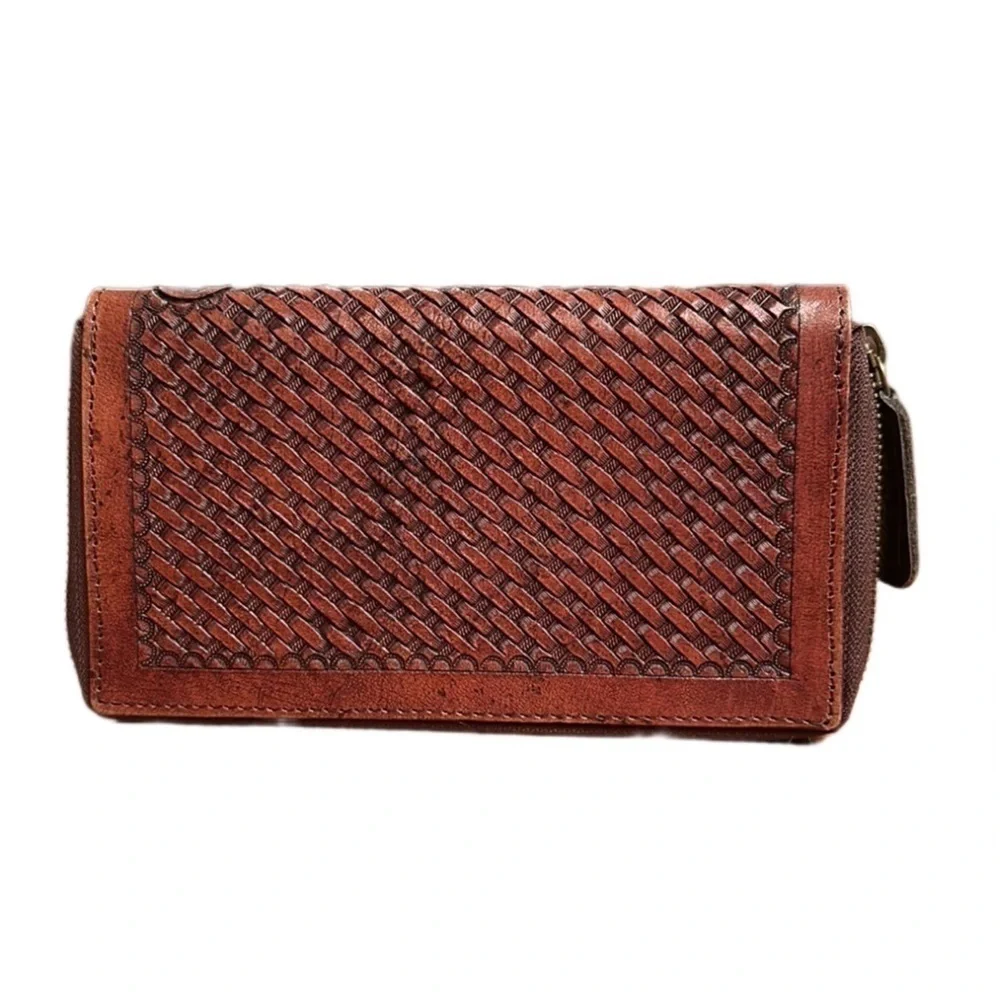 HANDCRAFTED Premium Genuine Embossed Leather Wallet Brown $149 Retail - Picture 6 of 12